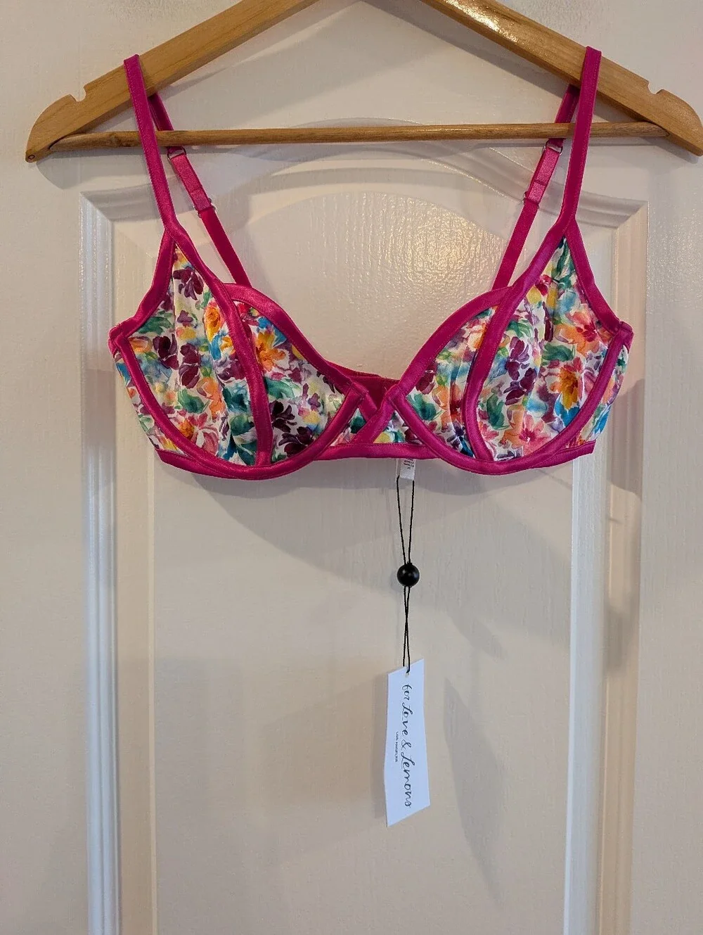 For Love & Lemons Watercolor Floral Bra Pink Satin Feminine Romantic Size M NWT